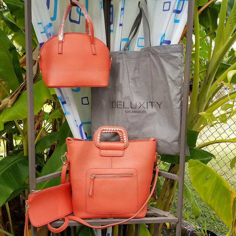 Beautiful Womans 3 Piece Salmon Color Deluxity Los Angeles Bag Set